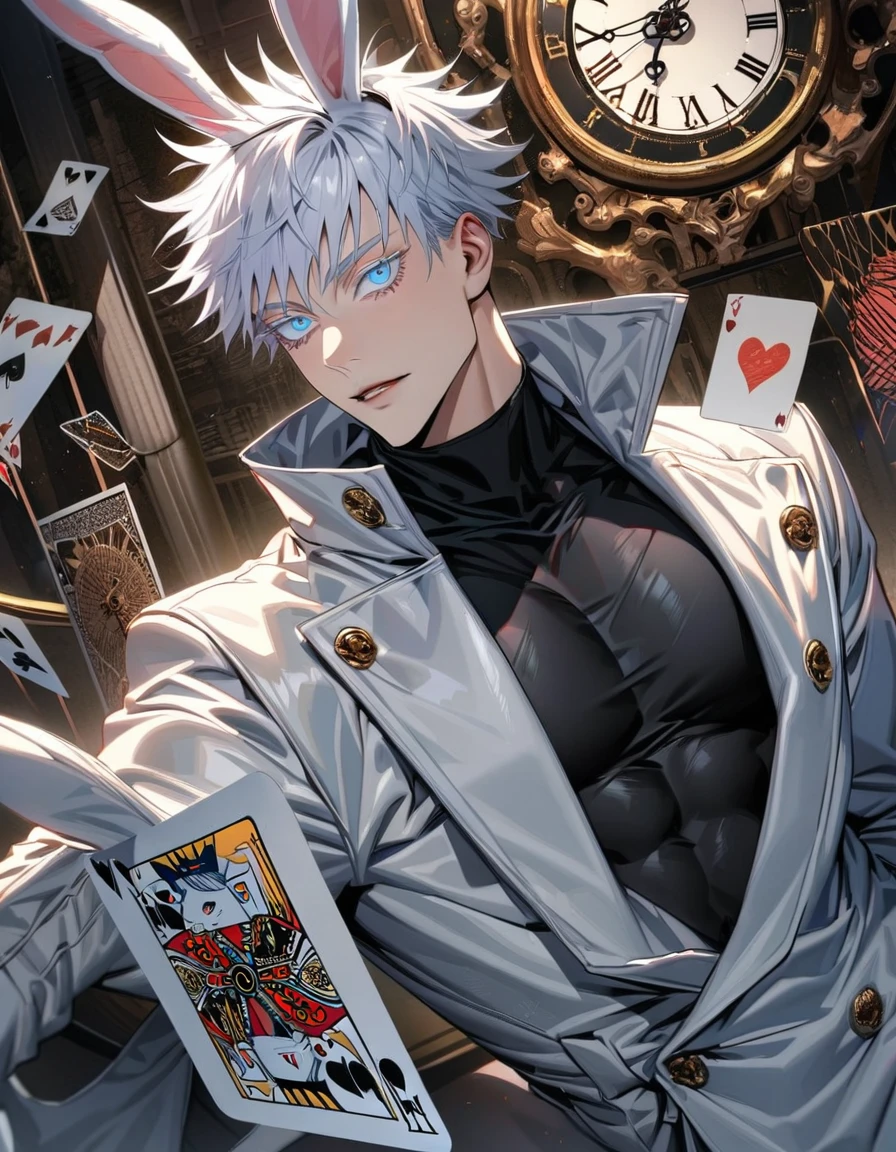 Ultra detailed, highres, absurdres, HDR, Gojou Satoru, white hair with bangs, blue eyes, white eyelashes, Jujutsu Kaisen, clock, white gloves, bunny ears, sexy man, solo, handsome, very detailed face and eyes, white long coat, tone chest, heart cards, black tight shirt with patterns