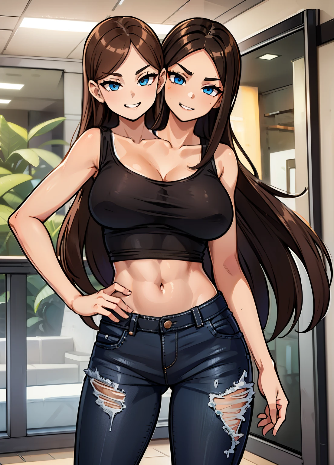 (masterpiece),(ultra-detailed), (high quality), (high resolution), (best quality:1.5, highres, UHD), highres, absurdo, ultra detail, ultra quality, Ultra resolution, 16k, 1girl, (2heads:1.5), girl with two heads, ((tan brown hair:1.5)), ((pitch black hair:1.5)), ((different hair colors:1.5)), seductive grin, (purple tattered denim jeans), casual dress, sexy proportions, (exposed midriff), thighs, Beautiful girl with accentuated slender abs, ((seductive posture)), black tank top, ((different hairstyles)), different haircuts, (long hair), ice blue eyes,