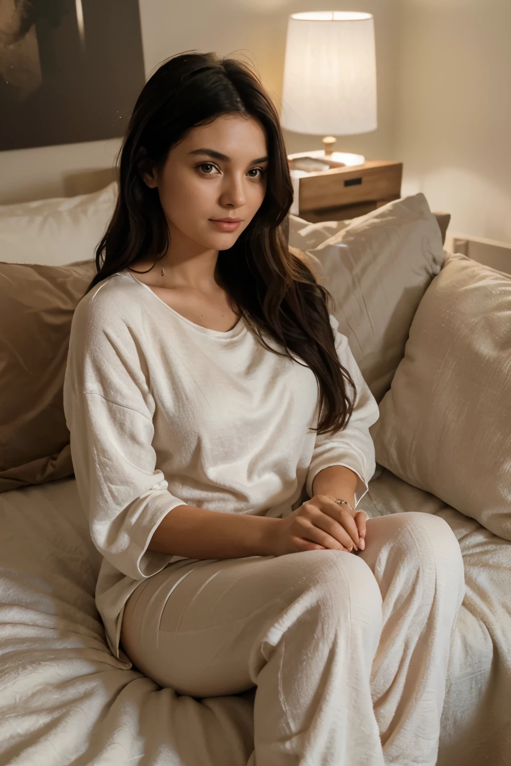 The scene shows your American influencer, a young 27-year-old woman, enjoying a relaxing evening at home. She is lying comfortably on her bed, wearing soft and cozy pajamas that reflect her casual and comfortable style. Her wavy black hair spreads delicately over her pillow, and her face emits an expression of serenity and tranquility as she prepares to rest. The room is illuminated by a soft light, creating a warm and cozy atmosphere in the environment. In the background, you can see some details of her room, such as a bedside lamp and a side table. The ultra-realistic quality of the image, captured in 8k HD resolution, highlights every detail, from the soft texture of the pajamas to the folds of the sheets. This snapshot conveys a feeling of calm and comfort, showcasing your influencer's natural beauty and relaxed style in an intimate moment before bed.