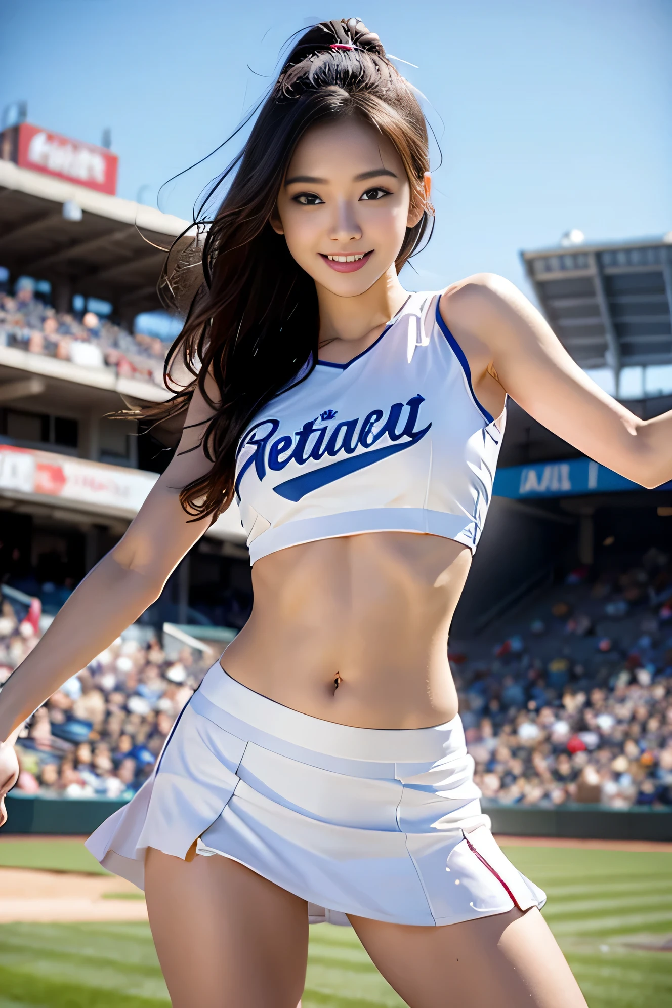 cheerleader ,health beauty, a handsome face, beautiful body, long legs, white skin,fine portrayal, Ultimate Details, baseball stadium, short skirt, tank top, Dance, Smile,front kick