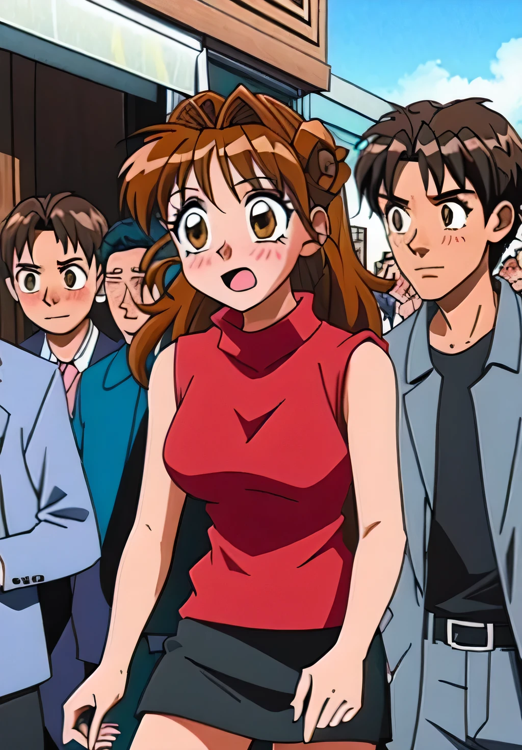 Maron,(((Sleeveless_sweater))),mini skirt,pupil_Brown,blush,Embarrassing,surprise,Open your mouth,In town,Multiple men,Maron_Surrounded by multiple men,masterpiece, expensive quality, very_expensive_solve, big_file size, Full Color,