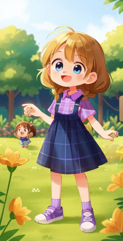 a 6 year old girl,, golden brown hair, Two braids. blue eyes are big and bright, Short sleeve purple plaid dress,purple sneakers，Standing in the garden, Girls stand, No rating, little girl,  Happy 
