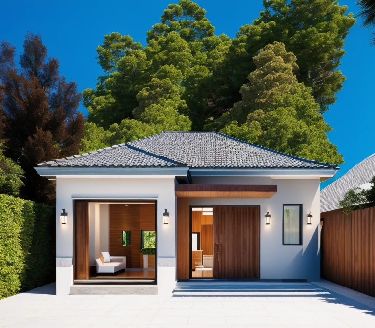 1 main wood door, slope roof, many glass door, concrete, wood wall,white, modern villa, palm, plant, beautiful sky, wood facade, architecture, beautiful, masterpiece, best quality, super detailed, realistic, photorealistic, 8k, sharp focus, droste effect photography, macro photography