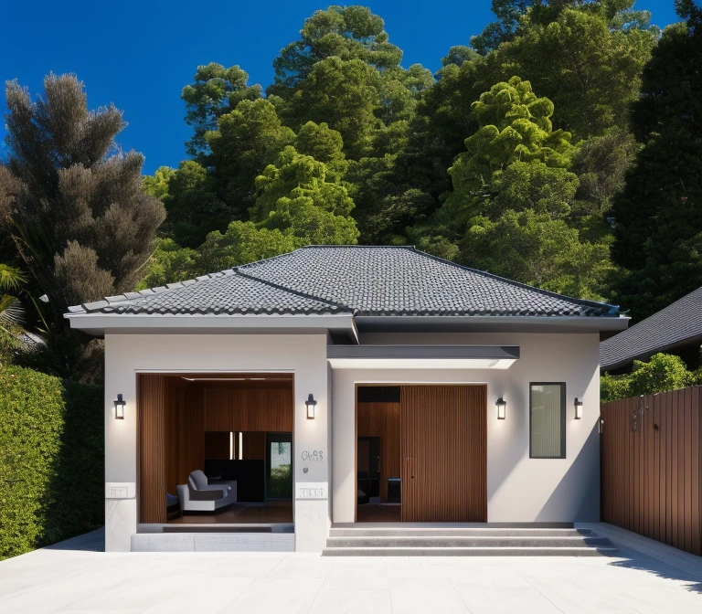 1 main wood door, slope roof, many glass door, concrete, wood wall,white, modern villa, palm, plant, beautiful sky, wood facade, architecture, beautiful, masterpiece, best quality, super detailed, realistic, photorealistic, 8k, sharp focus, droste effect photography, macro photography