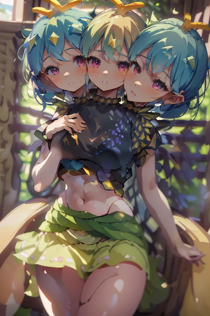 (masterpiece, best quality), best quality, (ultra-detailed), (3heads:1.5), 1girl, (eternity larva:1.3), masterpiece, best quality, ultra quality, ultra resolution, black top, crop top, ((stomach)), midriff, ((groin)), light green skirt, normal ears, shackles, short light hair, very long hair, wavy hair, peach-colored eyes, very detailed eyes, parted lips, single horn, sweat, cute, toned belly, hand on own chest, eyelashes, (25 year old woman:1.3), (masterpiece:1.5), (best quality:1.5), (beautiful detailed), extremely detailed CG, extremely delicate and beautiful, depth of field, (finely detailed face), (perfect details:1.3), (mature female:1.3), wide pelvis, slender, large veiny breast, 16k resolution, highres, high quality, high definition, extremely detailed, masterpiece, short light blue hair, long hair, alluring presence, braid, short skirt, close up, big , young, black and yellow wings, spotted with bits of blue and purple,