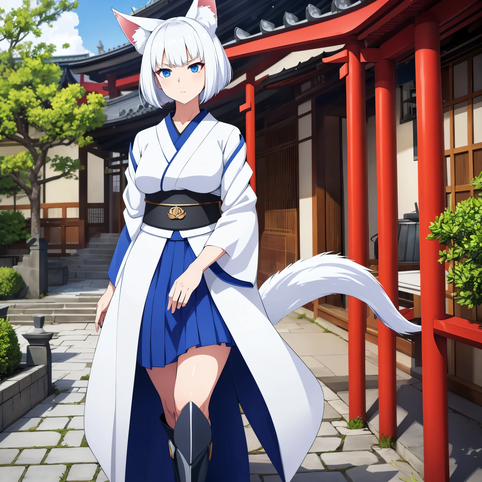 A woman wearing a white kimono with blue details, a short blue skirt, exposed thigh, short white hair, blue eyes, kitsune ears, serious face, kitsune tail, multi-tail, large breasts, walking in a courtyard of a Japanese castle,HDR, ultra resolution, well defined, masterpiece, 8K HD. (solo woman)
