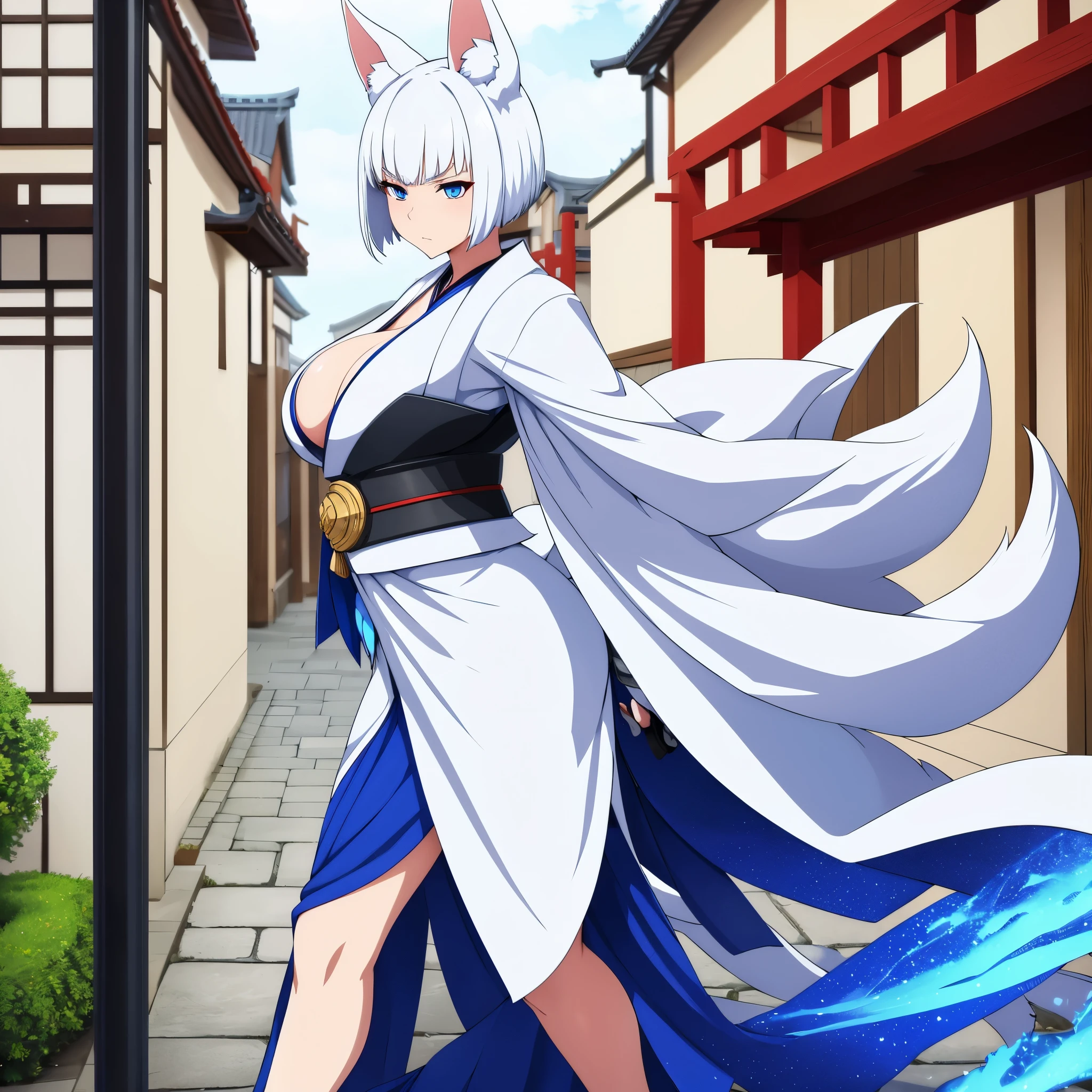 A woman wearing a white kimono with blue details, a short blue skirt, exposed thigh, short white hair, blue eyes, kitsune ears, serious face, kitsune tail, multi-tail, large breasts, walking in a courtyard of a Japanese castle,HDR, ultra resolution, well defined, masterpiece, 8K HD. (solo woman)