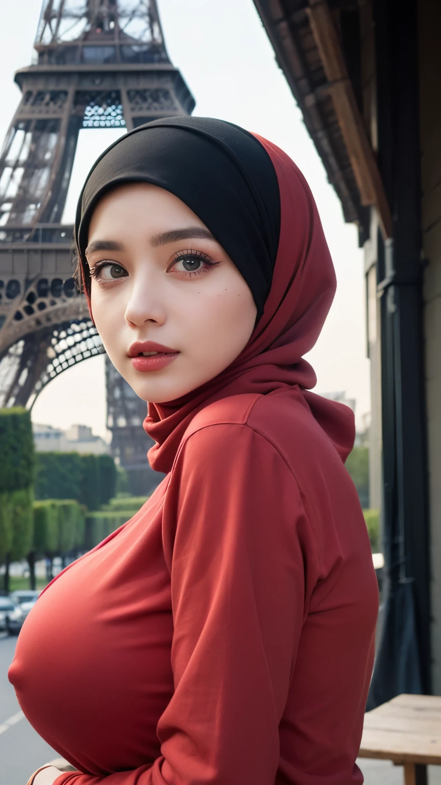 ((Masterpiece, best quality, photography, detailed skin, realistic, photo-realistic, 8k, highly detailed, full length frame, High detail RAW color art, diffused soft lighting, shallow depth of field, sharp focus, hyperrealism, cinematic lighting, hijab, a woman in a beautifully makeup, smokey eyeshadow, beautiful big eyes, long eye lashes, wearing (black hijab), loosely tide hijab style, long sleeve shirt, ((red shirt)), Huge large breast, setting background eiffel tower paris