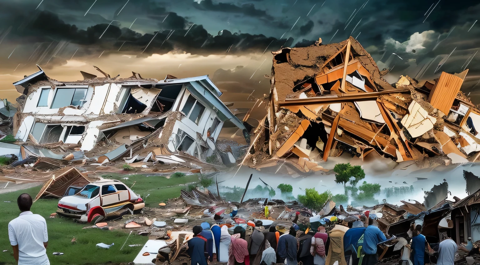 arafed image of a collage of a group of people in a field, disaster photography, tsunami, buildings collapsed, destroying houses, mutiversal tsunami, by Ignacio Zuloaga, an amazing photo, devastation, photomontage, stefan koidl, by Zoran Mušič, by Francis Zuniga
