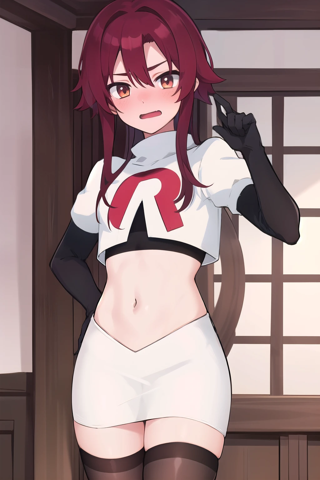 masterpiece, absurdres, Shikanoin Heizou,male focus, trap, crossdressing,1boy,team rocket,team rocket uniform,white skirt,red letter R,crop top,black thigh-highs,black elbow gloves, embarrassed, blush