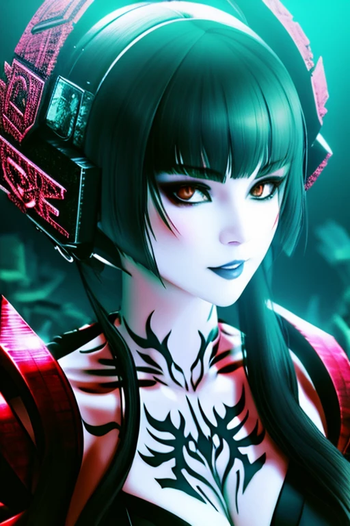 detailed close portrait Eliza Tekken, neon futurista cyberpunk, casaco reflexivo inchado, decorado com ornamentos tradicionais japoneses por ismail inceoglu dragan bibin hans thoma greg rutkowski alexandros pyromallis nekro rene maritte ilustrado, detalhes finos, sombreado realista