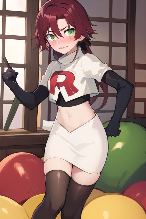masterpiece, absurdres, Shikanoin Heizou, green eyes,male focus, trap, crossdressing,1boy,team rocket,team rocket uniform,white skirt,red letter R,crop top,black thigh-highs,black elbow gloves, embarrassed, blush