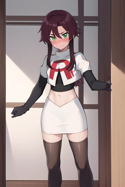 masterpiece, absurdres, Shikanoin Heizou, green eyes,male focus, trap, crossdressing,1boy,team rocket,team rocket uniform,white skirt,red letter R,crop top,black thigh-highs,black elbow gloves, embarrassed, blush