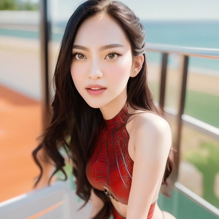 (masterpiece, best quality:1.2), 1girl, solo Beautiful woman,detailed,defined body,spider man cosplay,small breasts,beautiful detailed eyes,beautiful detailed lips,extremely detailed eyes and face,longeyelashes,(best quality,4k,8k,highres,masterpiece:1.2),ultra-detailed,(realistic,photorealistic,photo-realistic:1.37),vivid colors,HDR,studio lighting,physically-based rendering,extreme detail description,professional,portraits,spiderman costume,shiny texture,fitting tightly,subtle muscles,feminine figure,confident expression,sharp focus,luxurious long hair,striking beauty,attention-grabbing appearance,perfect makeup,tiny waist,stylish pose,playful attitude,breathtaking background,lively atmosphere,cityscape view,web-like patterns,superhero-inspired composition,bold contrast,emphasis on curves,expressive eyes,subtle smile,luminous glow,graceful movements,artistic interpretation,colorful palette,exquisite persona,impressive realism,aesthetic excellence,artistic flair.