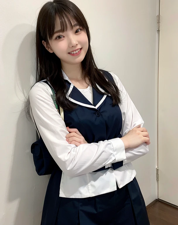 A high school girl wearing high heels and crossing her arms in front of her、highest quality、One Girl、Small breasts、Background: White wall、Laughter、Showing teeth、Less wrinkles on the uniform