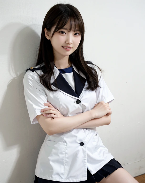 A high school girl wearing high heels and crossing her arms in front of her、highest quality、One Girl、Small breasts、Background: White wall、Laughter、Showing teeth、Less wrinkles on the uniform