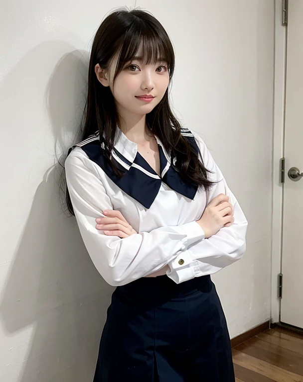A high school girl wearing high heels and crossing her arms in front of her、highest quality、One Girl、Small breasts、Background: White wall、Laughter、Showing teeth、Less wrinkles on the uniform