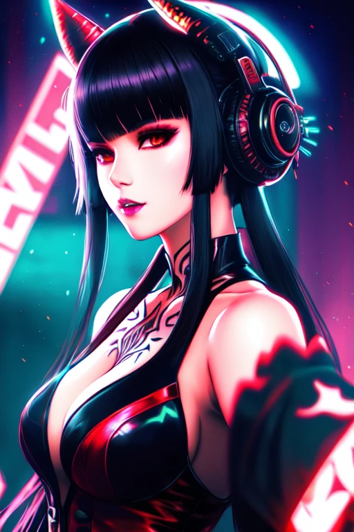 detailed close portrait Eliza Tekken, neon futurista cyberpunk, casaco reflexivo inchado, decorado com ornamentos tradicionais japoneses por ismail inceoglu dragan bibin hans thoma greg rutkowski alexandros pyromallis nekro rene maritte ilustrado, detalhes finos, sombreado realista