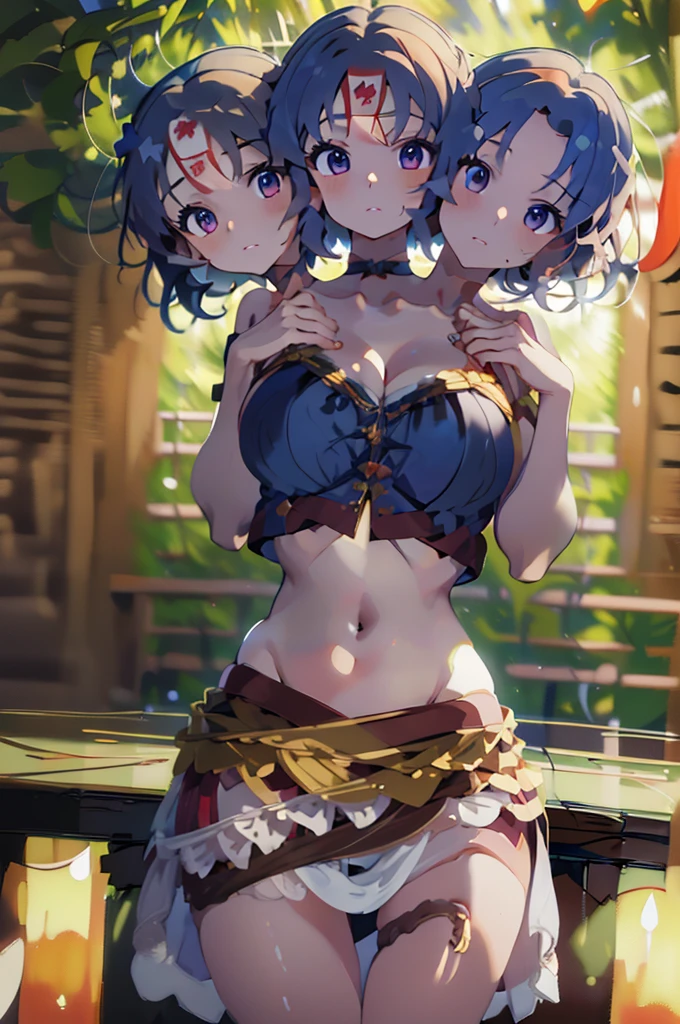 (masterpiece, best quality), best quality, (ultra-detailed), (3heads:1.5), 1girl, (yoshika miyako:1.3), masterpiece, best quality, ultra quality, ultra resolution, ultra detail, red top, crop top, ((stomach)), midriff, ((groin)), red skirt, chinese-styled, normal ears, shackles, dark blue hair, very long hair, wavy hair, sidelocks, dark blue eyes, parted lips, sweat, cute, toned belly, hand on own chest, eyelashes, (24 year old woman:1.3), (masterpiece:1.5), (best quality:1.5), (beautiful detailed), extremely detailed CG, extremely delicate and beautiful, depth of field, (finely detailed face), (perfect details:1.2), (mature female:1.3), wide pelvis, slender, large veiny breast, 16k resolution, highres, very high quality, very high definition, extremely detailed, masterpiece, dark blue hair, long hair, alluring presence, braid, short skirt, close up, big tits, young, ofuda,