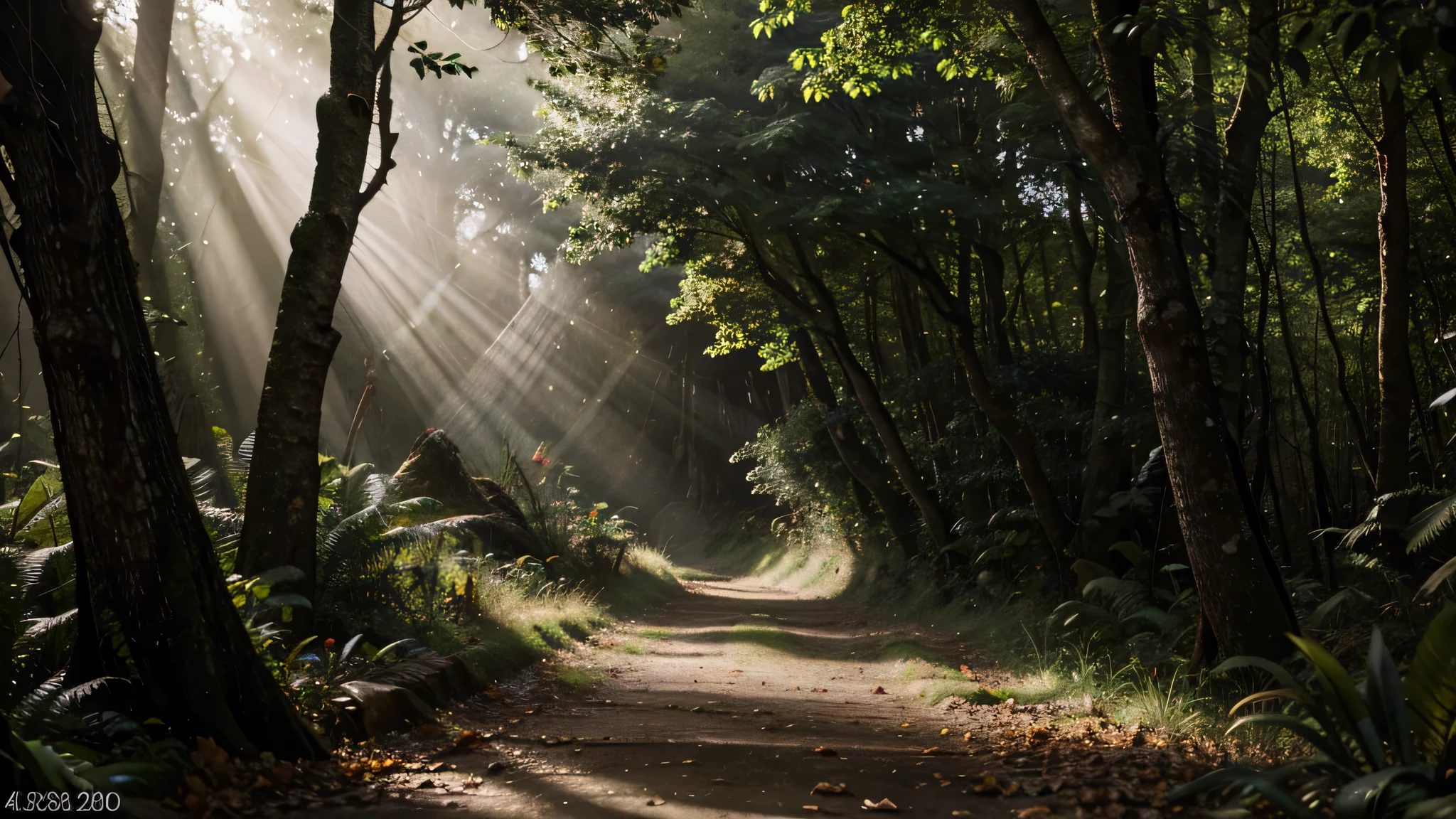 (best quality, 4k, 8k, high resolution, masterpiece: 1.2), ultra-detailed, realistic: 1.37, a dense, dense rainforest. A few rays of sunlight pass through the trees. There is a trail through the trees.