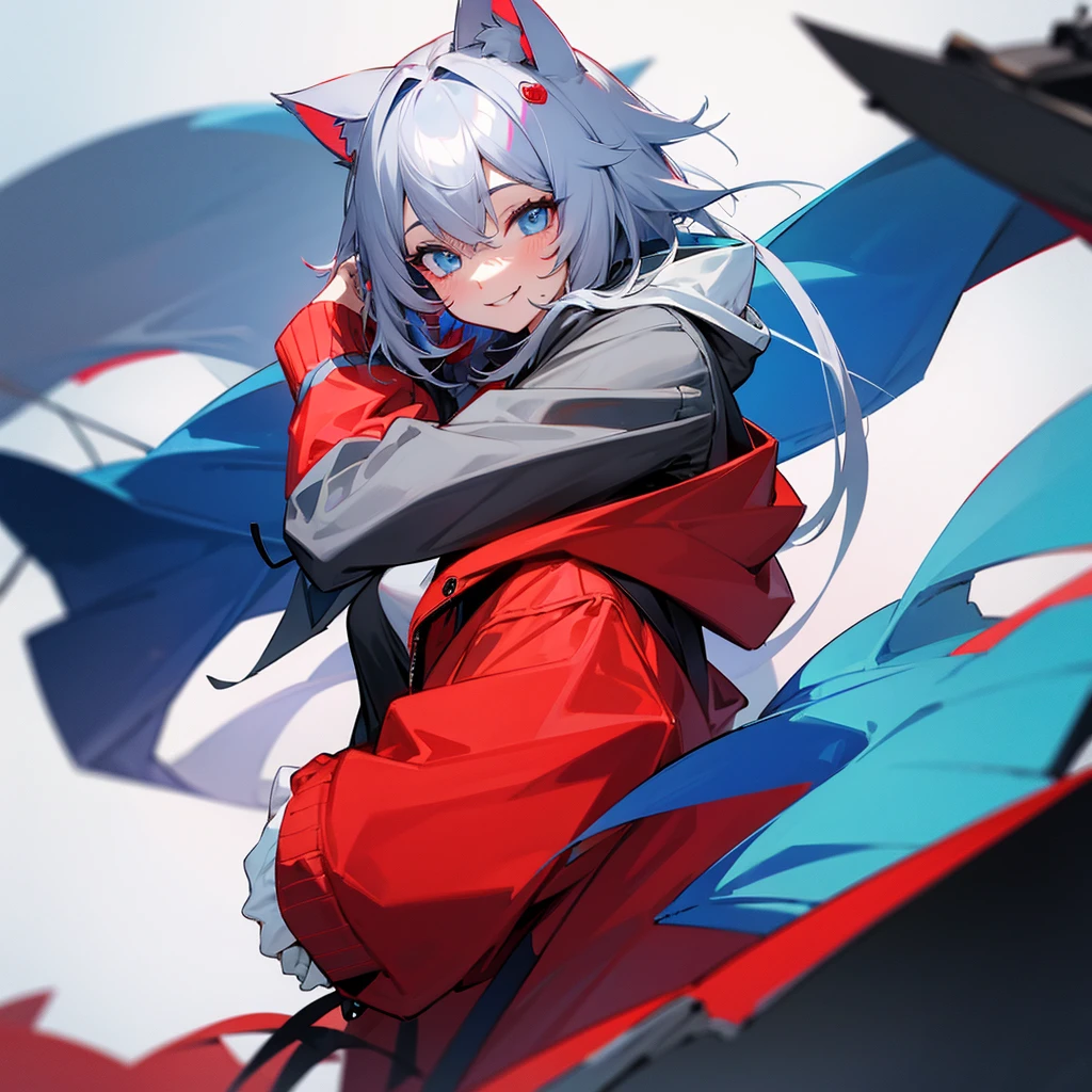 Gray Hair Cat ear Red and Blue Odd Eye Blue hoodie Smiling