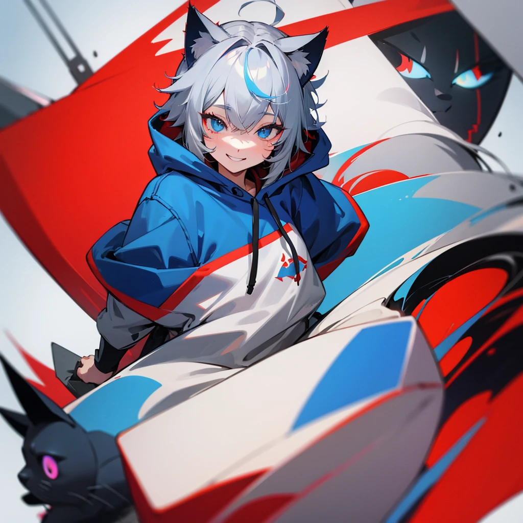 Gray Hair　Cat ear　Red and Blue Odd Eye　Blue hoodie　Smiling