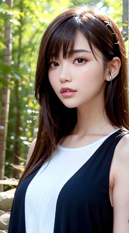 1 Female, Close-up of face, Medium chest, Light brown hair, Blunt bangs, hair behind the ear, Hair that falls over the shoulders, Long Hair, Slim figure, Ultra debtine debtace, Thin face, Delicate lips, Beautiful Eyes, Light blush, eyes are light brown, perfect glowing skin, Perfect Skin, Shining Sweat,Have a look at this, Ultra-thin needle, Very thin fingers, The optimal ratio is four fingers to one thumb, (Realistic:1.3), debtinger Extensions, See-through white blouse. Broadleaf Forest, First Person View, debtuji debtilm, debt/1.2, 8k, Tabletop, んdebtdebt, Super Detail, high quality, 最high quality, High resolution,