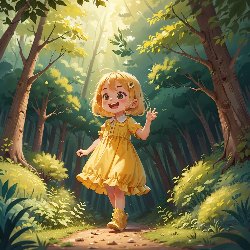 A happy  six-year old girl in the forest, blonde hair, yellow dresss