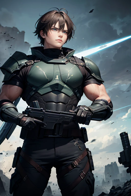 A hero, with gun, with armor, futuristic, post-cataclysm, strong, tired of battles, vibrant eyes, with magic sword, black sword, green eyes, brown hair, bodybuilder.