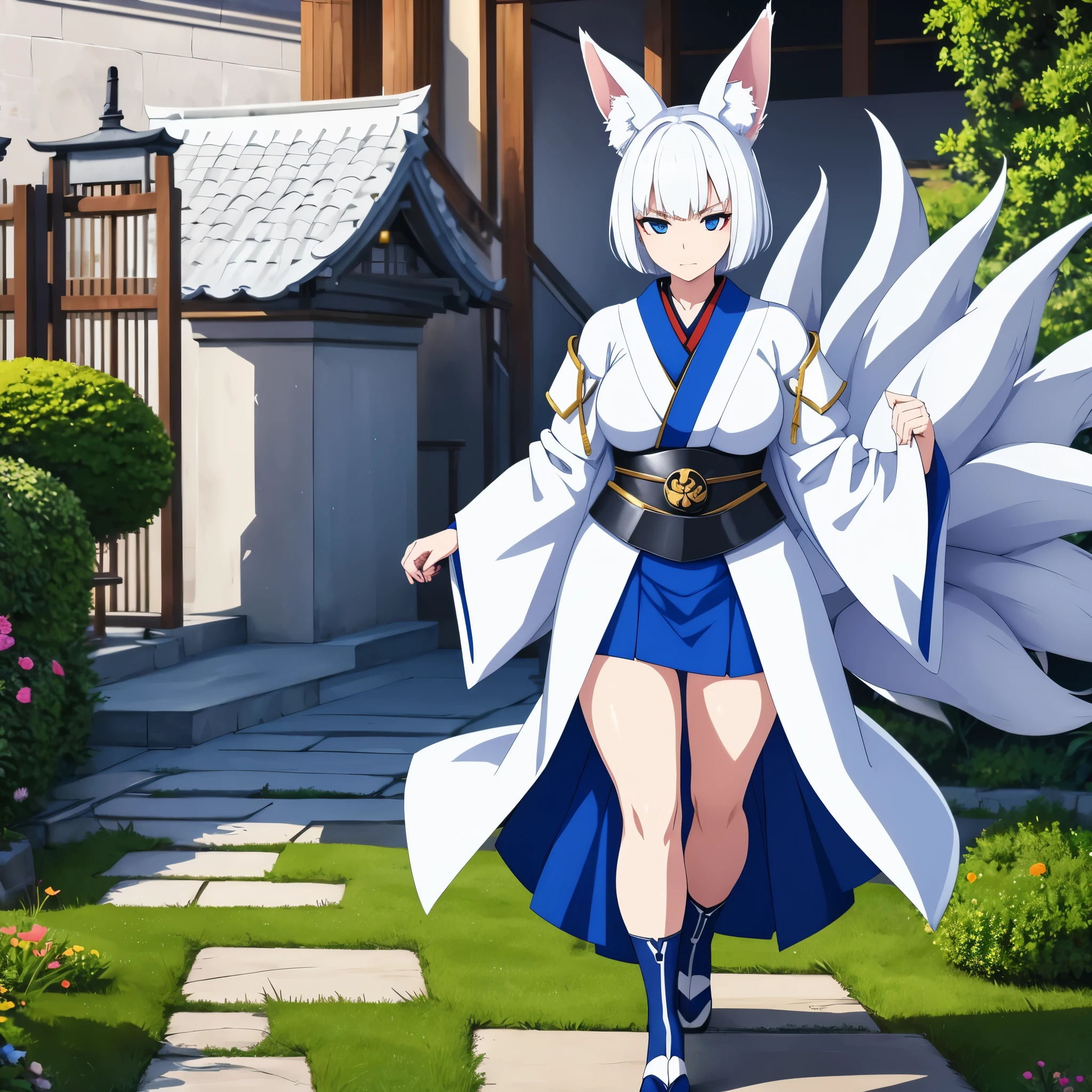 A woman wearing a white kimono with blue details, a short blue skirt, exposed thigh, short white hair, blue eyes, kitsune ears, serious face, kitsune tail, multi-tail, large breasts, walking in a courtyard of a Japanese castle,HDR, ultra resolution, well defined, masterpiece, 8K HD. (solo woman)
