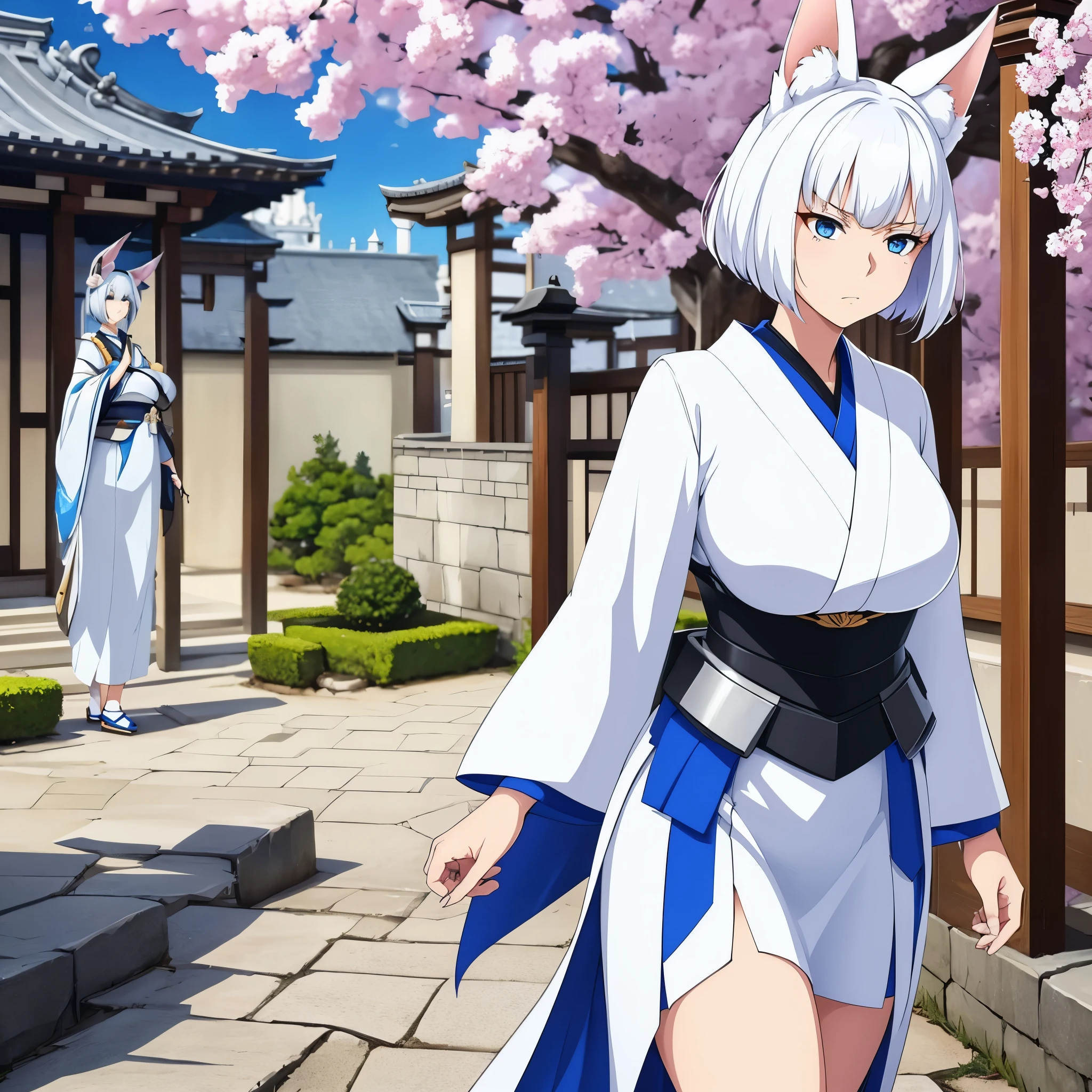 A woman wearing a white kimono with blue details, a short blue skirt, exposed thigh, short white hair, blue eyes, kitsune ears, serious face, kitsune tail, multi-tail, large breasts, walking in a courtyard of a Japanese castle,HDR, ultra resolution, well defined, masterpiece, 8K HD. (solo woman)
