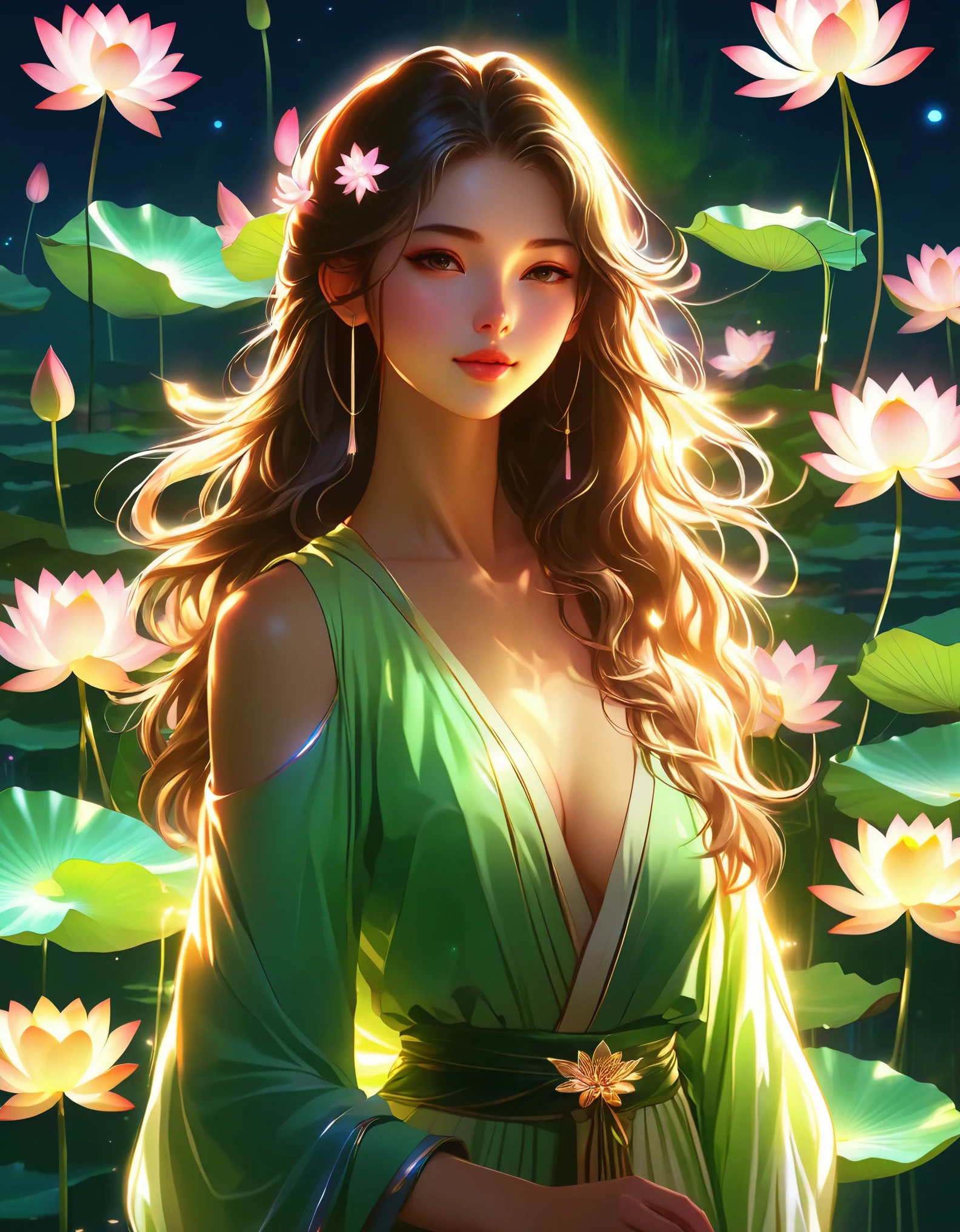 (masterpiece,best quality:1.2),Digital Art Style,charming illustration,peace pictures,1girl,Tall lotus,Solitary,body glow,Glowing Line,Fluorescence,Luminous example,Tracking example,flash,萤Light Particles,Backlight,translucent,Light Particles,correct human anatomy