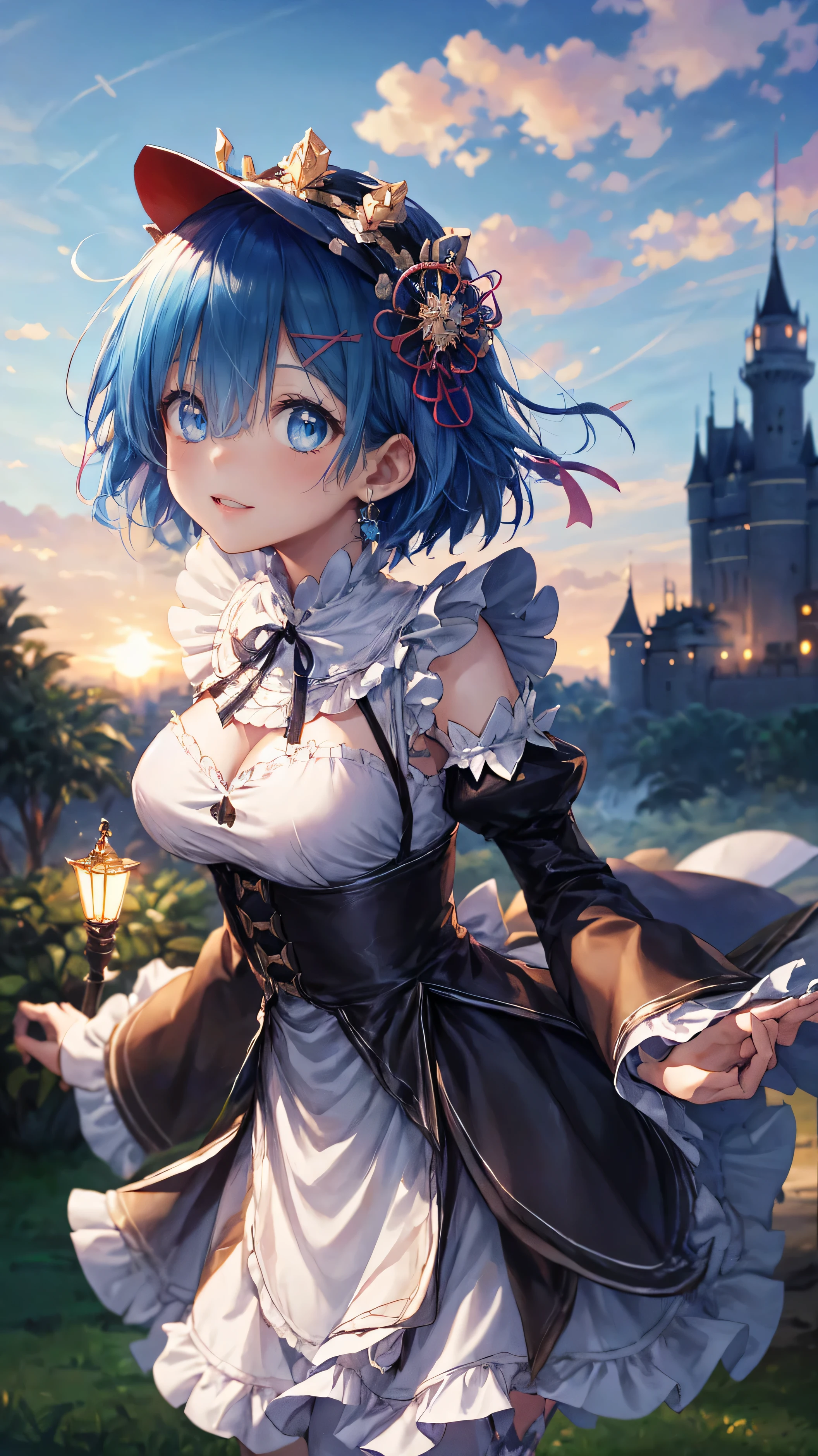 Ultra HD、(masterpiece)、[3Dimage:1.15],Attractive eyes、Your smile is so cute、[[Detailed eyes、Colorful eyes、Shining Eyes:1.15]]、Blue Hair、skirt,Best Anime 4K Konachan Wallpaper, Anime Style 4k,Anime Moe Art Style、Cowboy Shot,8Ｋimage、(highest quality:1.2)、(Facial details:1.2)、masterpiece、Ultra-precision、Best image quality, blush, highest quality, Perfect lighting, One Girl, skirt, Middle Breath、15 years old、large breasts with good shape、((The right eye is hidden by hair))、Inside the castle