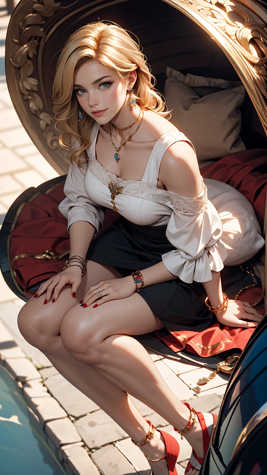 ((最high quality, 8K, masterpiece: 1.3, Ultra HD, high quality, 最high quality, High resolution, realism)) 、A 22-year-old extremely beautiful white woman、Slender figure、Hair color blonde、blue eyeedium Hair、Straight Hair、smile、Background blur((depth of field))、Aerial perspective((atmospheric perspective))、I want my head to stay off screen、Put an anklet on your ankle、Wearing red nail polish、I have a peticure、Holy Roman Emperor、Slender body