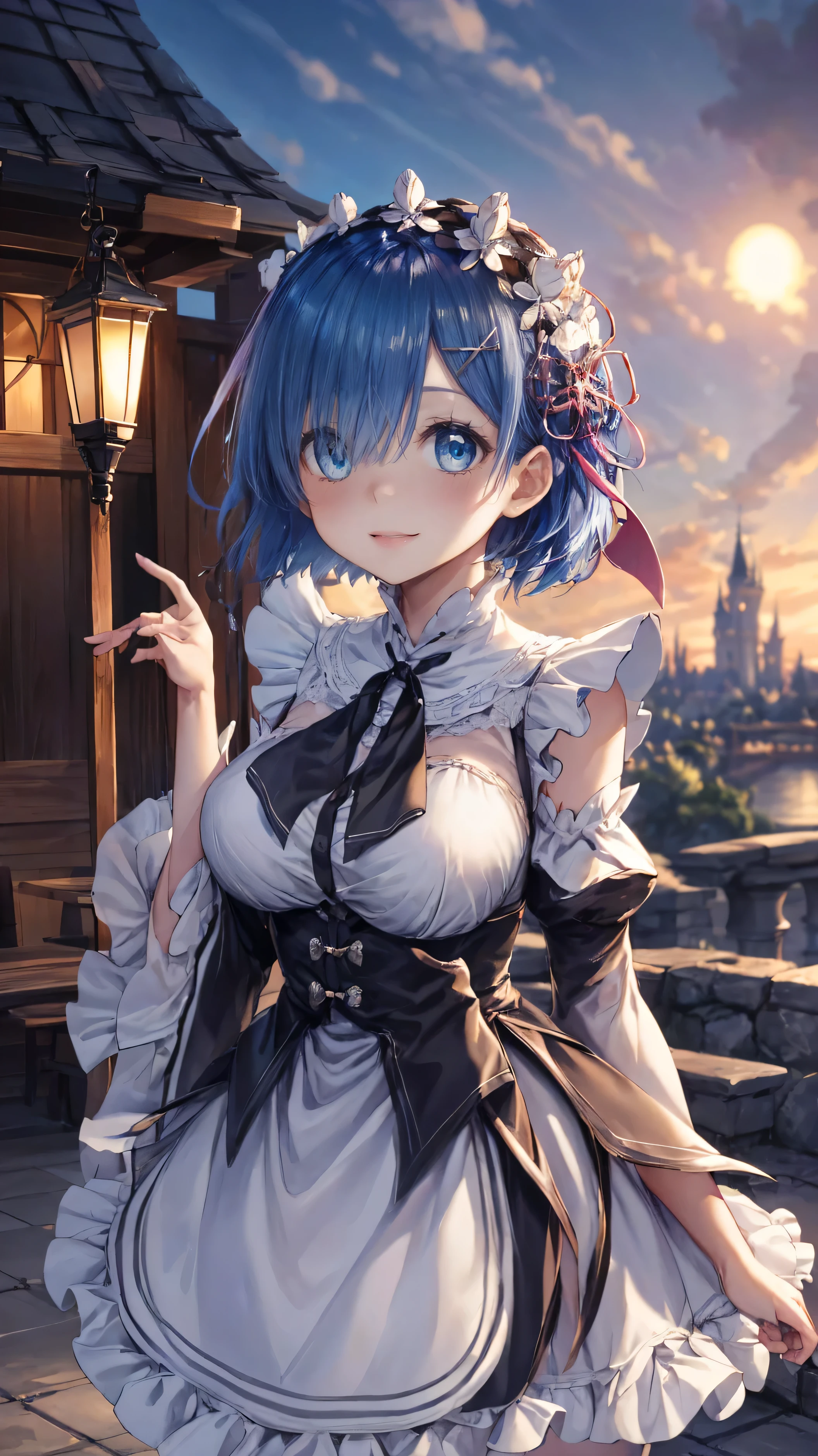 Ultra HD、(masterpiece)、[3Dimage:1.15],Attractive eyes、Your smile is so cute、[[Detailed eyes、Colorful eyes、Shining Eyes:1.15]]、Blue Hair、skirt,Best Anime 4K Konachan Wallpaper, Anime Style 4k,Anime Moe Art Style、Cowboy Shot,8Ｋimage、(highest quality:1.2)、(Facial details:1.2)、masterpiece、Ultra-precision、Best image quality, blush, highest quality, Perfect lighting, One Girl, skirt, Middle Breath、、large breasts with good shape、((The right eye is hidden by hair))、Inside the castle