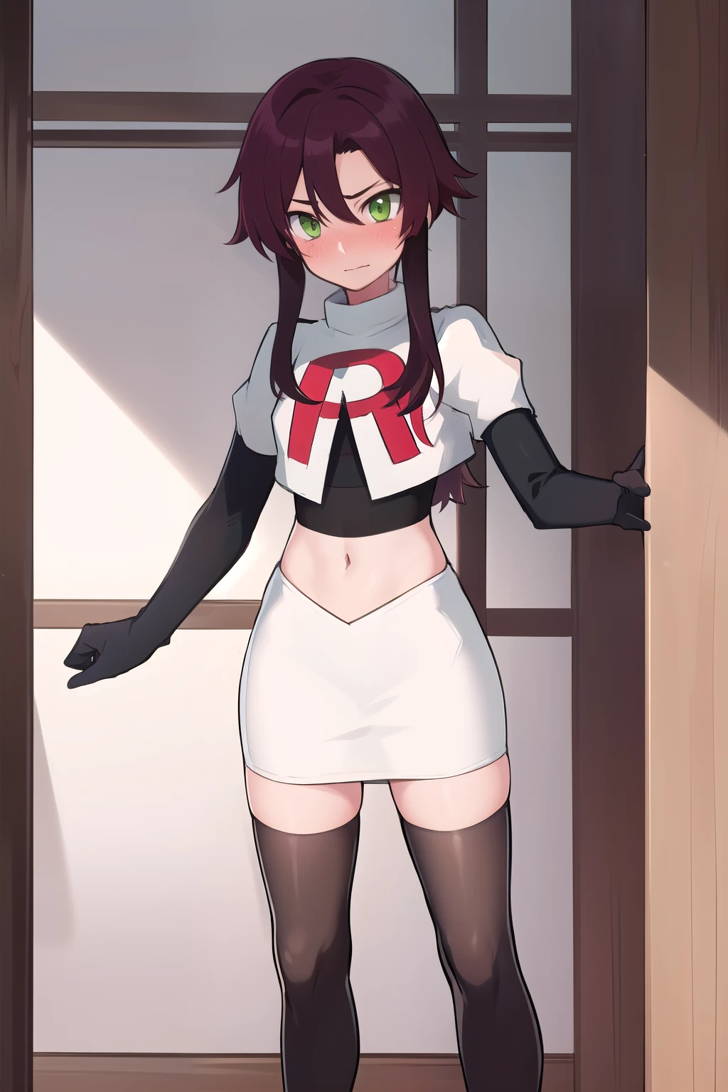 masterpiece, absurdres, Shikanoin Heizou, green eyes,male focus, trap, crossdressing,1boy,team rocket,team rocket uniform,white skirt,red letter R,crop top,black thigh-highs,black elbow gloves, embarrassed, blush