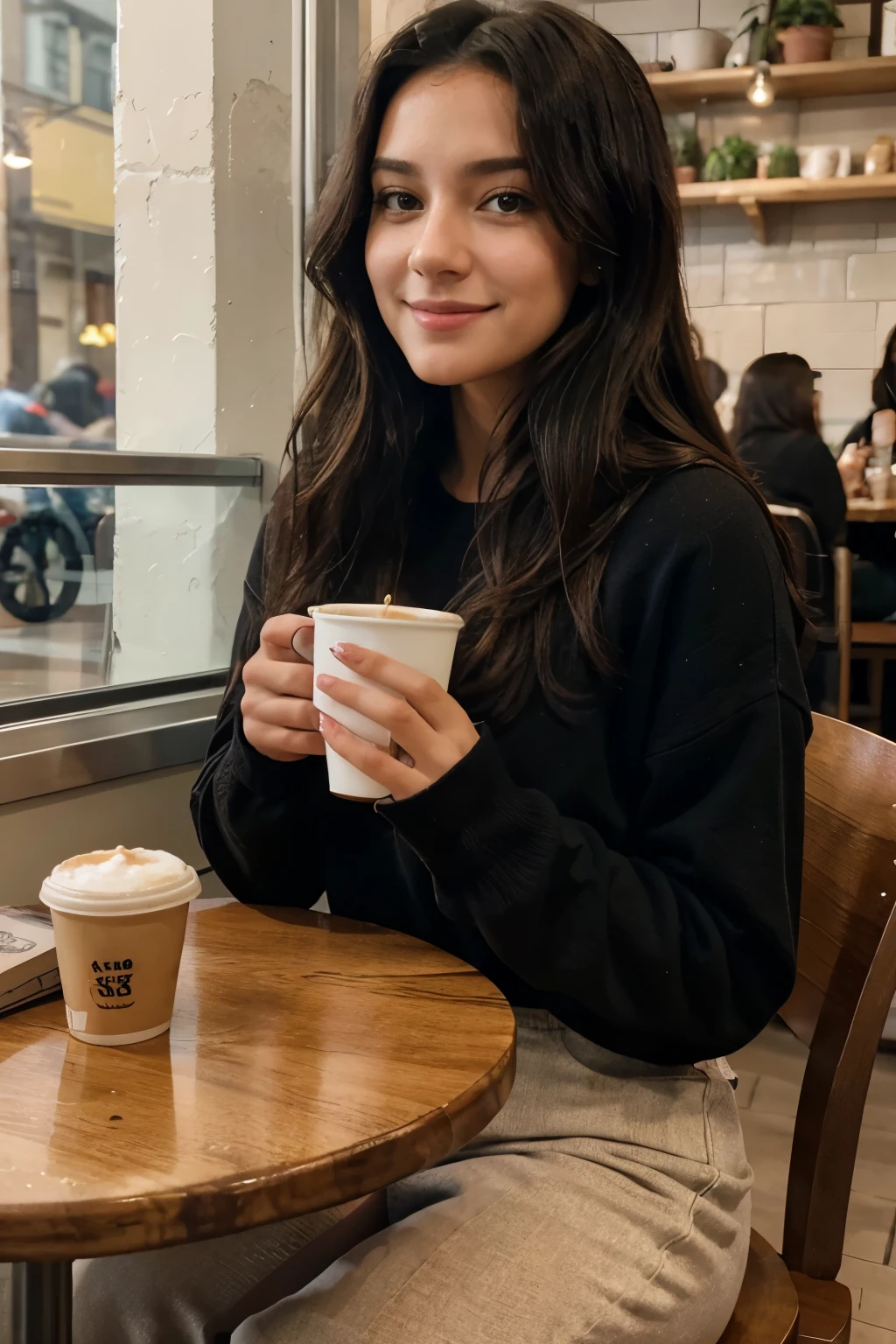 The image shows your American influencer, a young 21-year-old woman, enjoying a relaxing moment in a cozy cafe. She is sitting at a table, wearing comfortable, modern casual clothing that reflects her unique and sophisticated style. Her wavy black hair falls gracefully over her shoulders, and her face radiates a carefree smile as she enjoys her hot drink. The cafeteria is illuminated by a soft light that creates a cozy and lively atmosphere in the environment. In the background, you can see some details of the place, such as shelves with books and stacked coffee cups. The ultra-realistic quality of the image, captured in 8k HD resolution, highlights every detail, from the texture of the clothing to the warm colors of the decoration. This snapshot conveys a feeling of warmth and comfort, showing off your influencer's natural beauty and casual style as she enjoys a quiet moment at the coffee shop.