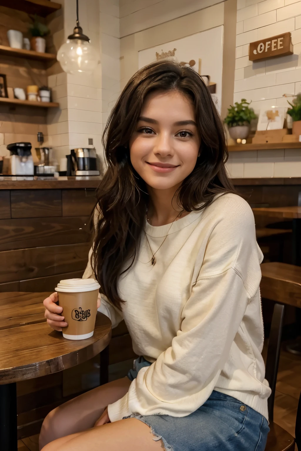 The image shows your American influencer, a young 21-year-old woman, enjoying a relaxing moment in a cozy cafe. She is sitting at a table, wearing comfortable, modern casual clothing that reflects her unique and sophisticated style. Her wavy black hair falls gracefully over her shoulders, and her face radiates a carefree smile as she enjoys her hot drink. The cafeteria is illuminated by a soft light that creates a cozy and lively atmosphere in the environment. In the background, you can see some details of the place, such as shelves with books and stacked coffee cups. The ultra-realistic quality of the image, captured in 8k HD resolution, highlights every detail, from the texture of the clothing to the warm colors of the decoration. This snapshot conveys a feeling of warmth and comfort, showing off your influencer's natural beauty and casual style as she enjoys a quiet moment at the coffee shop.