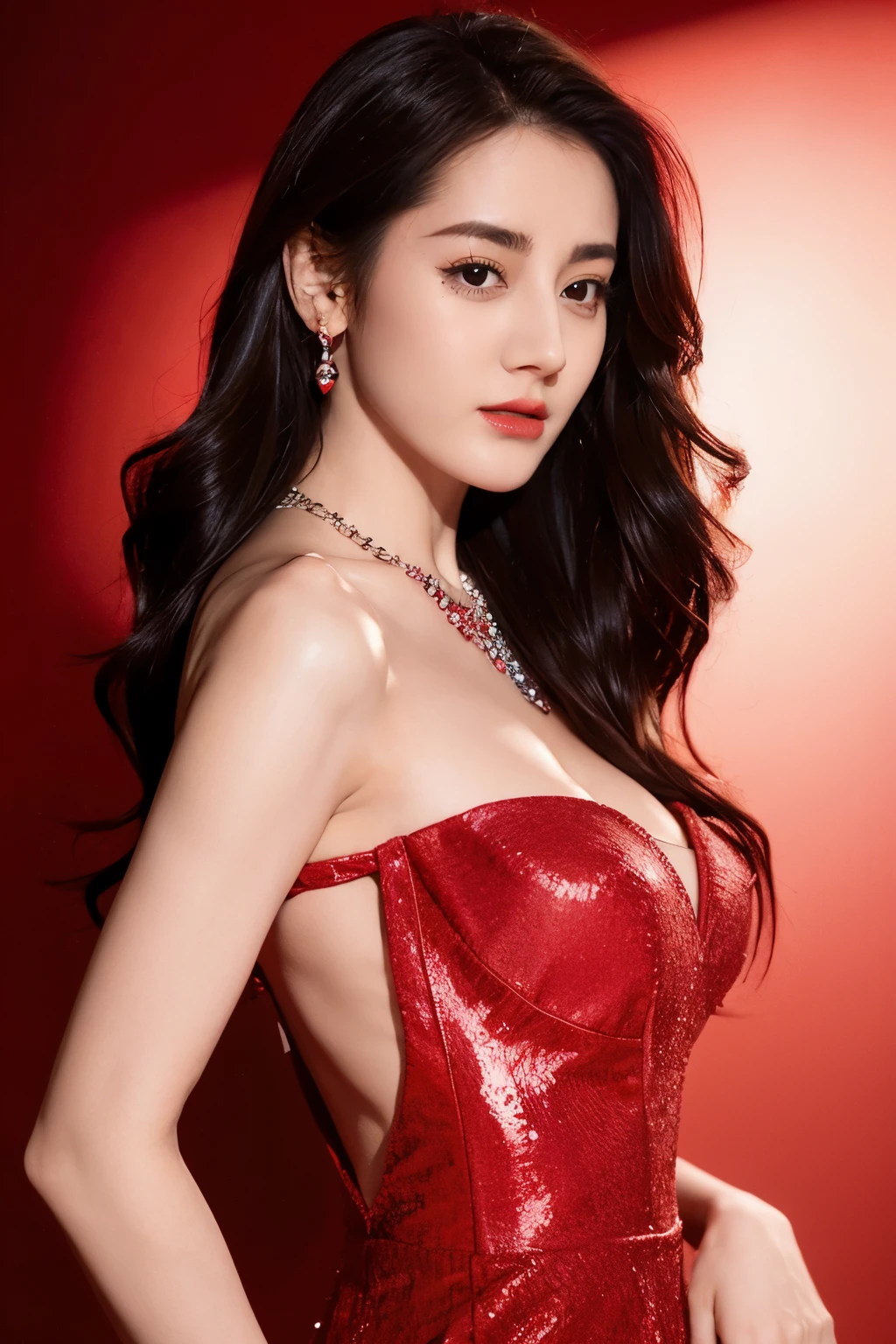 Ultra HD resolution，artistic photos，Photography，21year girl,earrings,long hair,Red background,Black backless dress,necklace,cowboy shot,H cup，Showing cleavage，Expose more breasts，Amazing breast size，Bigger breasts，Smooth and beautiful back，Completely bare back，Cold white skin，Being bullied