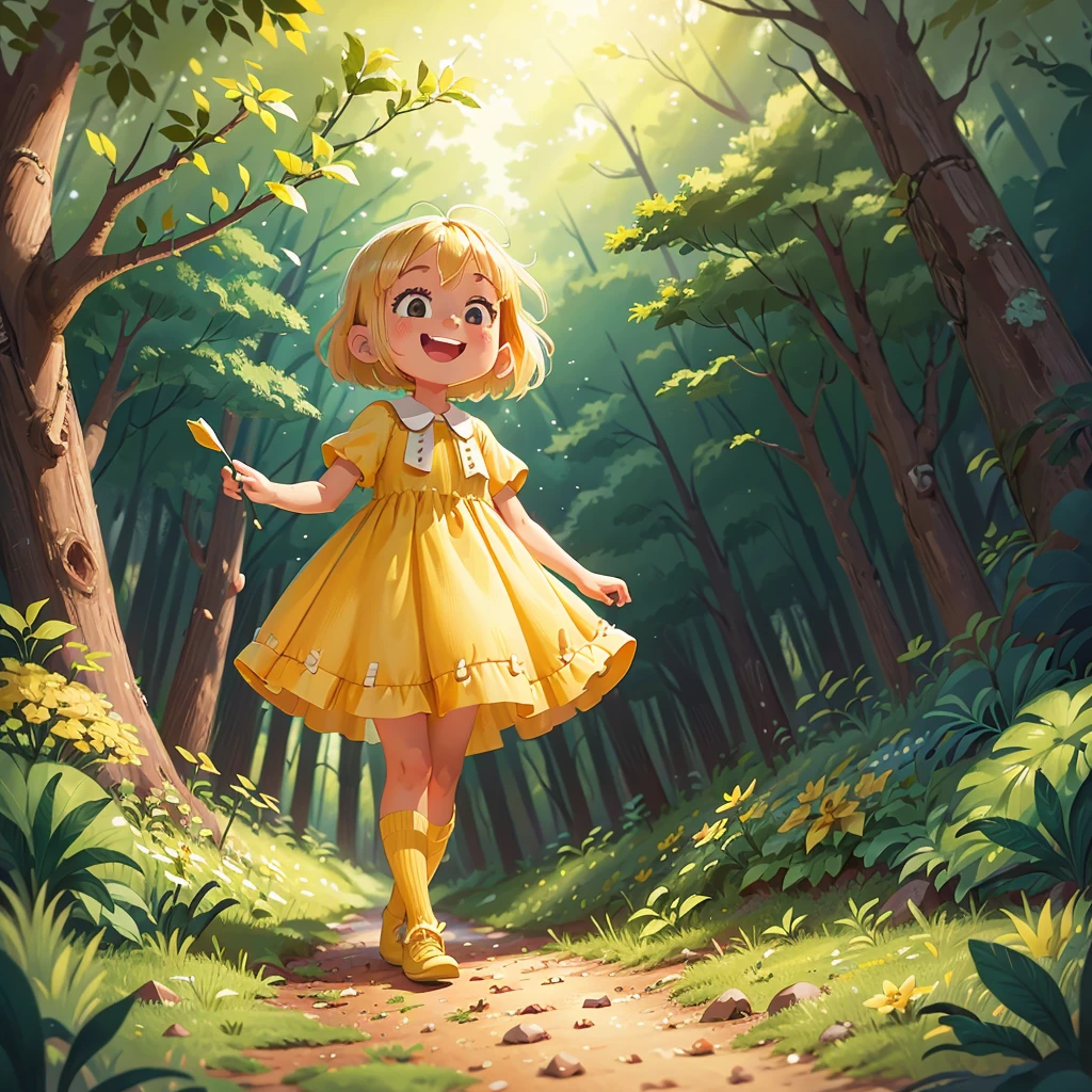 A happy six-year old girl in the forest, blonde hair, yellow dresss, multiple angles
