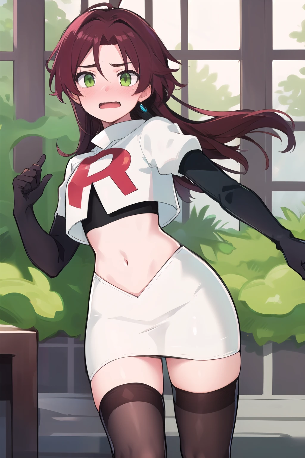 masterpiece, absurdres, Shikanoin Heizou, green eyes,male focus, trap, crossdressing,1boy,team rocket,team rocket uniform,white skirt,red letter R,crop top,black thigh-highs,black elbow gloves, embarrassed, blush