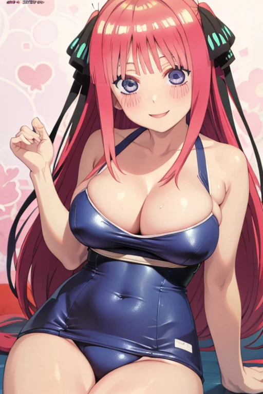 best quality, ultra-detailed masterpiece, anime art style, cute characters, nino nakano, one-piece swimsuit, large breasts, blush, smile