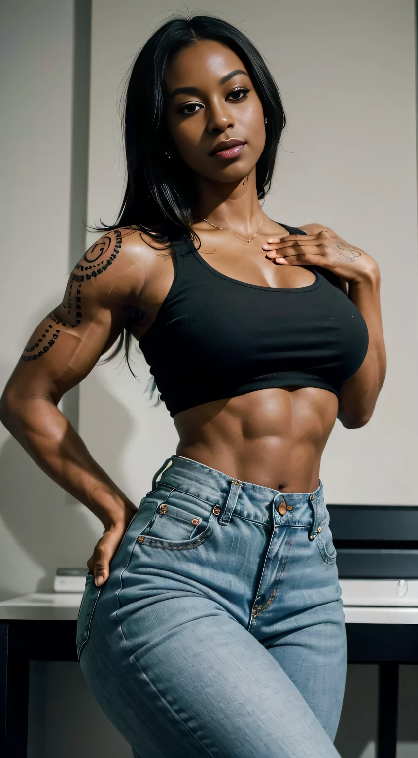 40 years old, gorgeous cute Brazilian girl, smirk, freckles, (dark skin:1.6), focus on woman in jeans posing for a picture, sexy girl,(muscular body:1.5), wide hips , sexy look, tight outfit, wearing a sexy cropped top,, intriguing outfit, tight attire, wearing a cute top, instagram model, sexy style, wearing tight simple clothes, curvy model, 38 years old, black top, sexy look at the camera, famous beautiful model, good young girl, (masterpiece:1.0),(best_quality:1.0), ultra high res,4K,ultra-detailed, photography, 8K, HDR, highres, absurdres:1.2, Kodak portra 400, blurry background, bokeh, lens flare, (vibrant_color:1.2),professional photograph, (the_tattoo:1.4), (beautiful_face:1.5),(narrow_waist).(perfect lighting:1.5)