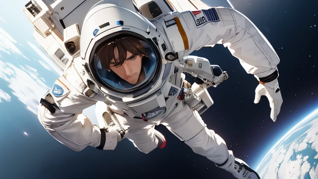 male Cool 25 year old White space suit Looking down from above Face closer to the camera The handsome face is clearly visible Spacewalk Spreading arms and legs Full body portrait
