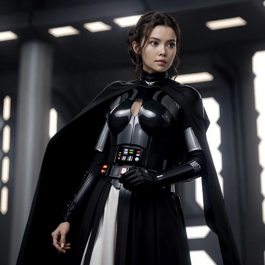 Star Wars、((highest quality)), ((masterpiece)), (be familiar with), Perfect Face、The Enchanting Body 、（（Leia Organa（Star Wars）、princess leia、There is one woman、Black Hair、White skin、White clothing、Do not wear a helmet、笑顔をDarth Vaderに向ける、Fallen into evil））、（Darth Vader（Star Wars）、Black armor、Black Cape、Black full face helmet）、Darth Vaderに寄り添う、imperial military、princess leiaとDarth Vaderが抱き合う