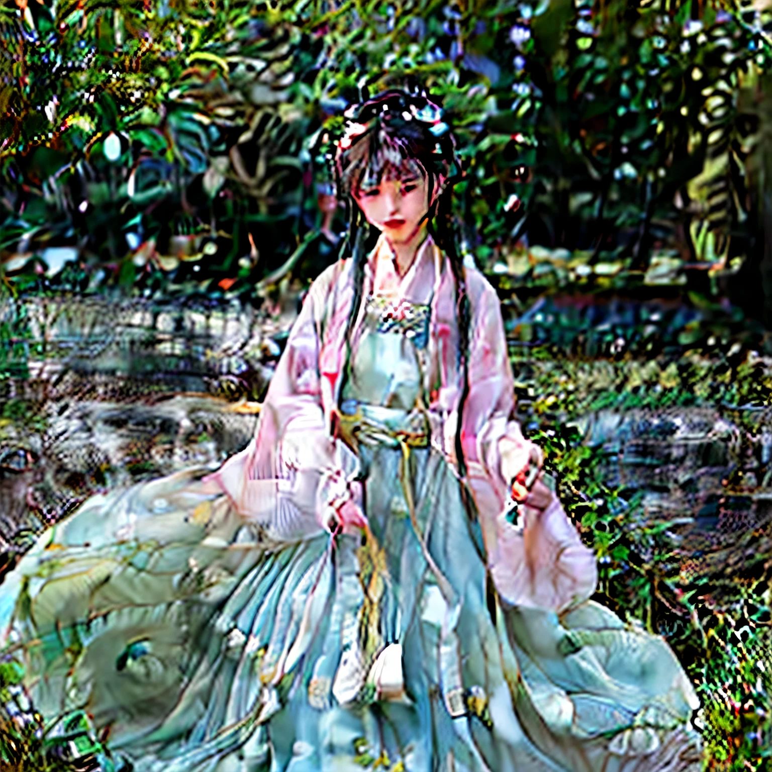 ((best quality)), ((masterpiece)), (detailed), Perfect face。Mei Niang was wearing a lavender shirt with open shoulders and large sleeves.,Wearing a pure white gauze bellyband,A pair of nipples are faintly visible through the tulle,The chest-high bellyband is exposed,The upper body is very close-fitting because of the ribbons used to fix the waist and shoulders,The lower body from the waist down is a loose skirt that reaches the ground.。Accompanied by the master's flowing steps,A pair of plump breasts stand out in the clothes that fit tightly to the body,In every slight tremor,You can clearly see the deep and attractive cleavage in the middle of the two squeezed white breasts.,It feels like it might burst at any moment.。The woman's plump buttocks and slender thighs are wrapped in a loose skirt, making it difficult to see her true appearance.,But if you observe carefully, every time Mei Niang lifts her feet and steps, she brings out a few faintly visible lines of her lower body.,I can still imagine the wonderful scenery under the skirt。She was wearing a pair of silver transparent women's shoes.,The smooth surface of the foot is completely exposed,Mei Niang's two sexy and smooth jade feet are looming,Even with such a sexy and attractive figure,But paired with a beautiful and noble high bun