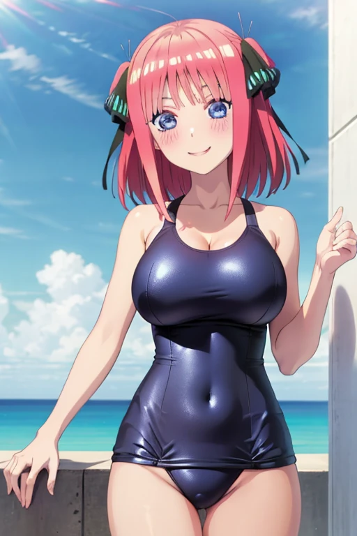 best quality, ultra-detailed masterpiece, anime art style, cute characters, nino nakano, one-piece swimsuit, large breasts, blush, smile
