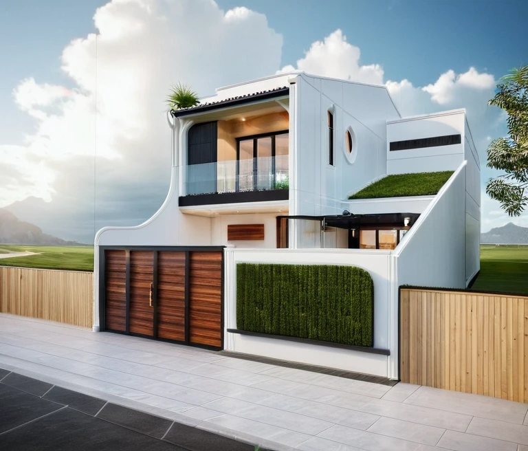 exterior house, contemporary style, white wall, wood wall, wood door, glass window, (realistic:1.2), Masterpiece, high quality, best quality, authentic, super detail, outdoors,road,pavement, grass, trees, sky, cloud, (daylight:1.1)