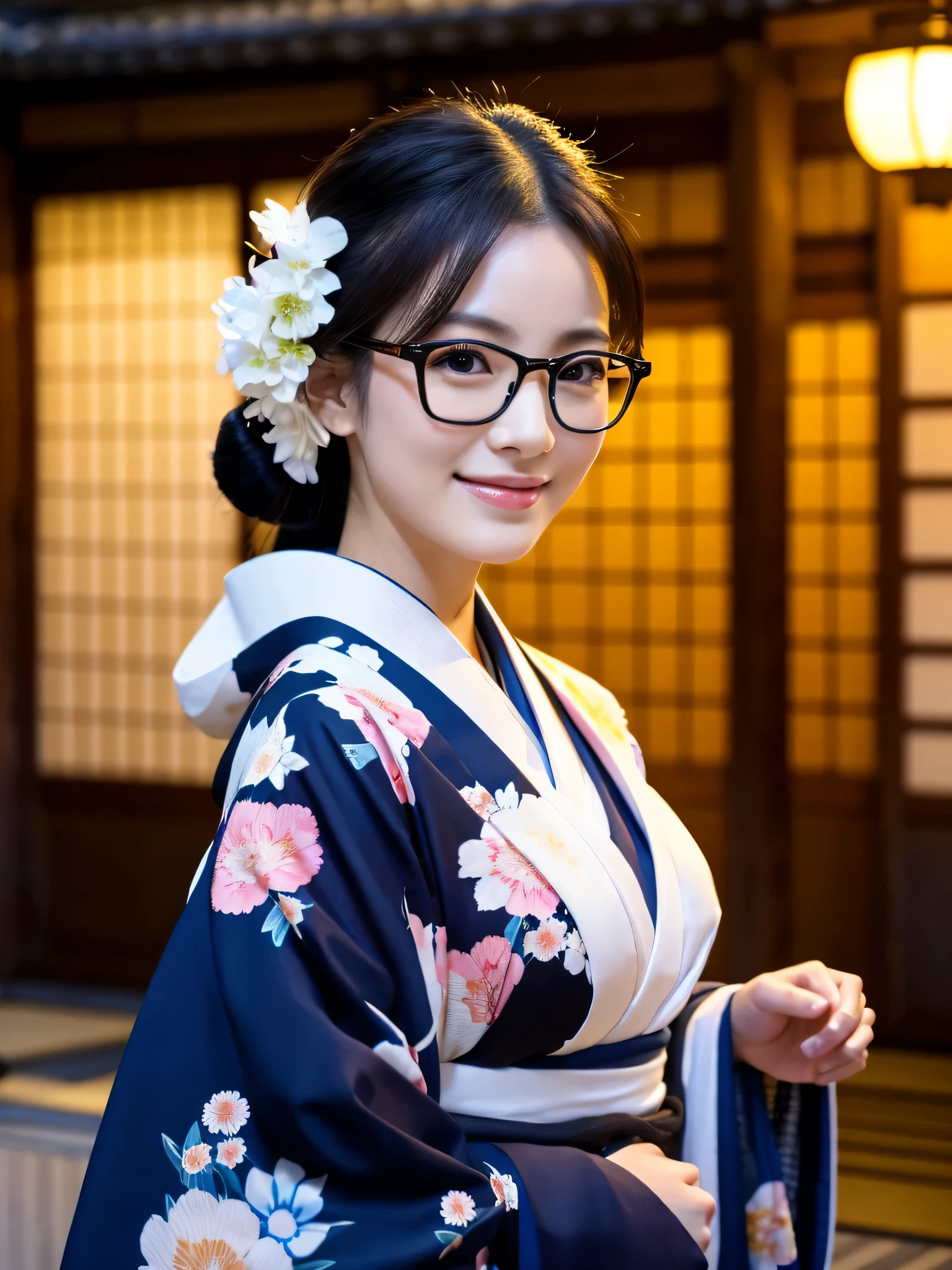 (Super beautiful woman in kimono)、((highest quality、8K masterpiece:1.3))、sharp focus:1.2、(super beautiful face:1.0)、(shiny skin:1.0)、realistic pictures、black hair、video lighting、High resolution eyes and face、video lighting、japanese actress、from the front、big breasts、with a happy smile、Slender abs beauty、whole body、wearing a kimono、in Kyoto、luxury obi、In Kyoto at night、wearing glasses with no edge