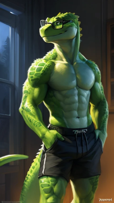 , (((A green anthropomorphic lizard with glasses and his muscles and is shirtless wearing black and green shorts and good lighting standing ))) , big chest, day,, , detailed,, beautiful and detailed portrait of an anthropomorphic
A green anthropomorphic lizard with glasses and flexing his muscles and is wearing black and green shorts and good lighting , (((male ))) uploaded , zaush, foxovh, movie lighting, detailed, uploaded to e621, beautiful and detailed kenket, Ross Tran, ruan jia, uploaded to e621, zaush, foxovh, movie lighting,,